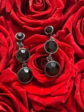 Black Rhinestone Drop Earrings Gunmetal Triple Stone Dangle Minimal Chic